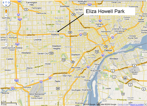 Roadmap of Detroit, MI depicting Eliza Howell Park just north of Redford.