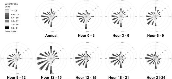 Graphic representation depicting meteorological data from the National Climatic Data Center for Detroit-Wayne County International Airport indicating wind flow is usually from the west and southwest.