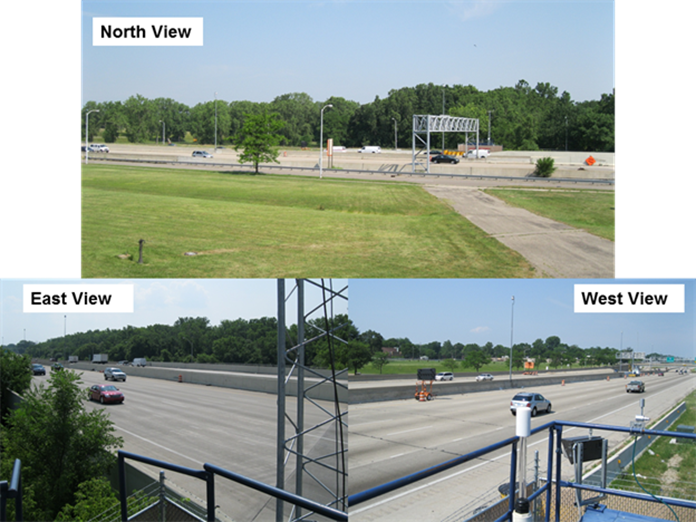North, east and west views of monitoring site chosen (Site E) showing the road and absence of noise barriers.