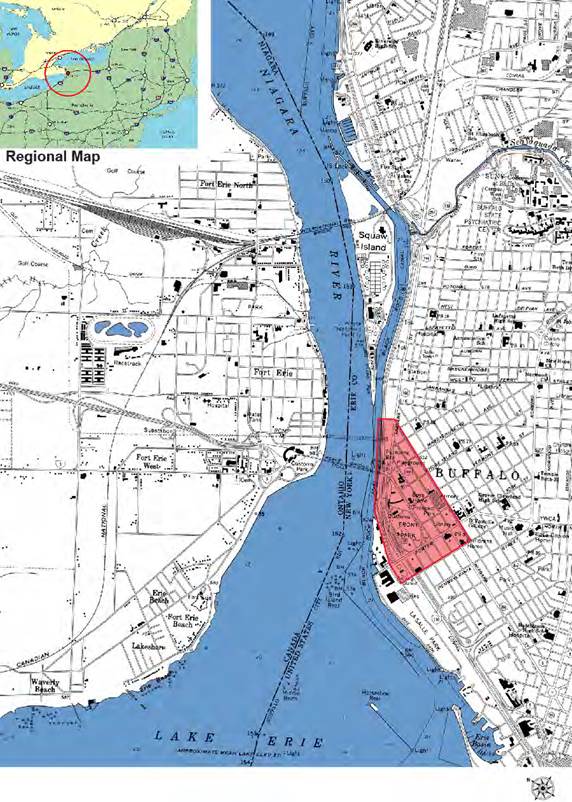 This is an excerpt of a USGS topo map showing the general project vicinity. The study area is highlighted just to thet east of the Niagara River, in the City of Buffalo.
