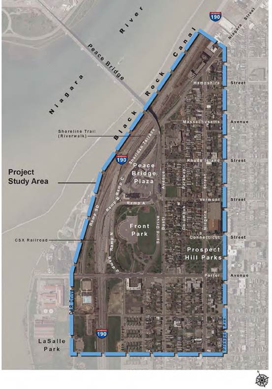 This aerial image shows the immediate study area including Interstate 190, the Peace Bridge Plaza and ramps, and nearby city streets.