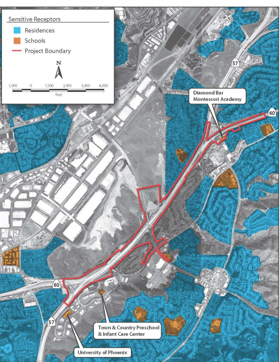 This is an aerial image of the immediate vicinity of the project. A red line outlines the study area, including the convergence of State Routes 57 and 60. Nearby residential areas and schools are shown in different colors. 