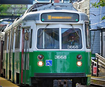 Image shows train car from the MBTA Green Line.