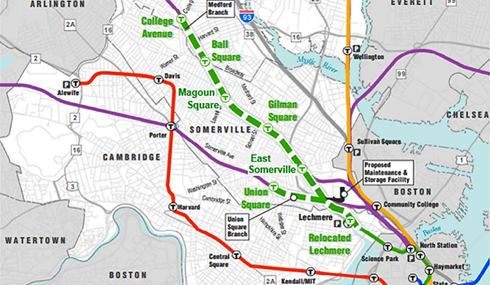 Map showing a segment of the current MBTA Green Line train route and planned extension with station locations.