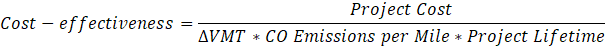 Cost-effectiveness is equal to the project cost divided by the quantity annual reduction in vehicle-miles traveled multiplied by carbon monoxide emission rate per mile multiplied by project lifetime.