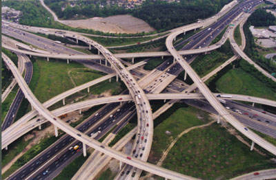 Overhead view of complex highway interchanges and ramps. I-85 and I-285 intersection north of Atlanta.