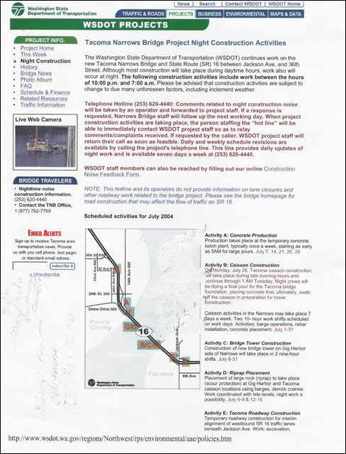 Screen shot of a Washington Department of Transportation website offering updated information regarding phases of an on-going project.