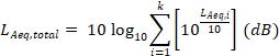 LAeq, total equals 10 times the log base 10 of sum from i equals 1 to K [10 raised to the power of LAeq, i divided by 10].