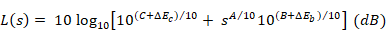 L of s equals 10 times the base-10 logarithm of the quantity of 10 to the power of the quantity of C plus delta E sub c divided by 10 plus s to the power of the quantity of A divided by 10 plus 10 to the power of the quantity of B plus delta E sub b divided by 10.