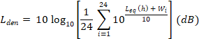 L sub den equals 10 times log base 10 left square bracket 1/24 times summation from i = 1 to 24 of 10 raised to the power of ( ( L sub eq(h) plus W sub i ) / 10) right square bracket in dB.