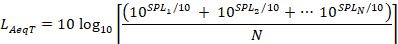 L sub AeqT = 10 times log base 10 left square brackets (10 raised to the power of (SPL sub 1/10) plus 10 raised to the power of (SPL sub 2/10) plus 10 raised to the power of (SPL sub N/10)/N right square bracket.