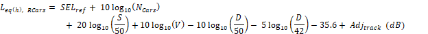 L sub [eq (h), RCars] equals SEL sub ref plus 10 times log base 10 (N sub Cars) plus 20 times log base 10 (S/50) plus 10 times log base 10 (V) minus 10 times log base 10 (D/50) minus 5 times log base 10 (D/42) minus 35.6, in dB.