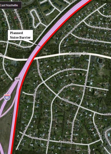 Is a graphic of a neighborhood adjacent to Interstate 65. Consider the high density single-family neighborhood along a section of interstate shown in this figure. The interstate is on a fill through most of this area. As a result, the 5 dB noise reduction contour extends several hundred feet back into the neighborhood and includes at least three rows of homes in most locations. 