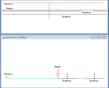 This is a graphic of an TNM plan view (top) and cross-sectional view (bottom) of roadways and noise barrier portion of FHWA TNM model for sensitivity test cases. The plan view shows the reciever, barrier and roadway in a horizontal view while the cross-sectional view shows the same features in a vertical view. 