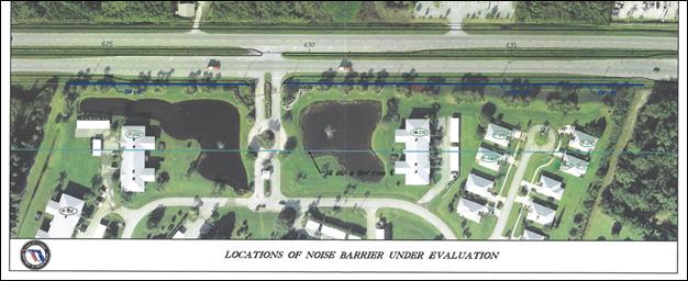Aerial photo showing proposed barrier location along US 1, Grove Isle in Vero Beach, FL. It shows single family and multi-family homes as well as open green and recreatation space. 