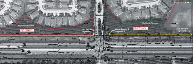 Aerial photo showing portion of study area for the widening of US 27 in Davenport, FL, showing proposed barrier and HOA common grounds in the red lines.