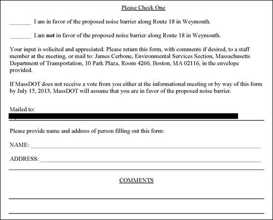 A sample viewpoints ballot accompanying the informational letter sent by MassDOT. It indicates if the individual is in favor of the noise barrier or not.