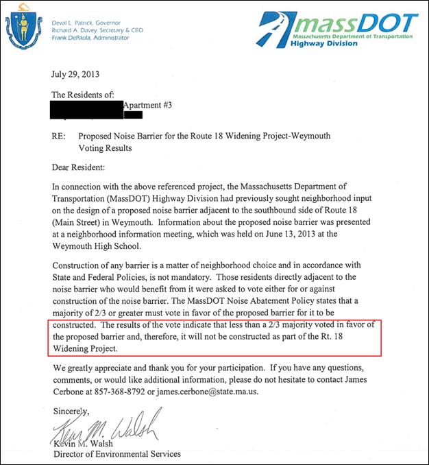 A sample voting results letter indicating that the barrier will not be constructed by MassDOT. A box indicated that MassDOT will not build the noise barrier unless 2/3 vote in favor of the noise barrier. 