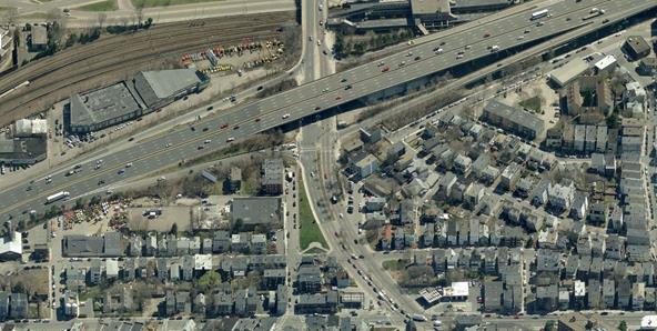 Aerial photo showing general project area of proposed barrier rejected because of expected loss of view, Interstate 93 Southbound at Columbia Road, Boston, MA. 