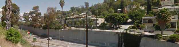 Photo showing the view of site of rejected proposed noise barrier atop retaining wall, Route 2 south of I-5, Los Angeles, CA 
