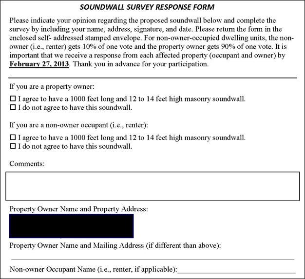 Excerpt of ballot sent by Caltrans to owners and residents who would be benefited by a proposed noise barrier. The form is broken down by owner or non-owner occupant and if they want or do not want the proposed noise barrier. 