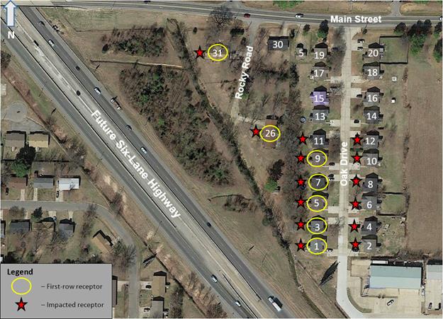 Aerial photo showing Study Area B, along a future 6 lane highway, to the left of the photo. The first-row homes are shown by the circles and the impacted receptors, by stars along Oak Drive and Rocky Road, to the right of the road. The analyiss will use the circles and stars in their assessment of feasibiliy and reasonablenss. 