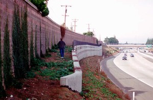 Photo of a noise barrier behind a cast-in-place retaining wall