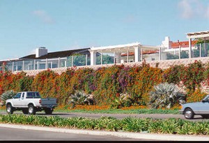 Photo of a combination concrete and clear panel noise barrier that maintains desireable views for residents.