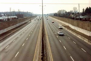 Photograph showing paralled noise barriers