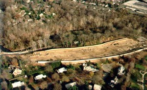 Photo showing an aerial view of noise barrier installation