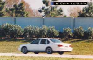 photo:  precast concrete noise barrier, constructed on an earth berm, with abundant shrub-type vegetation planted in front of the barrier and existing trees visible behind the barrier (photo is intended to illustrate a typical example of providing abundant vegetation with the construction of a noise barrier to help it blend into the surrounding landscape)