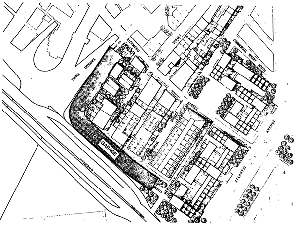 Drawing of a parking Garage that is built between the expressway and the residential area.