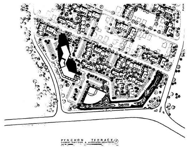 Drawing of a residential area showing the placement of the berm, baseball diamond, and parking lot.
