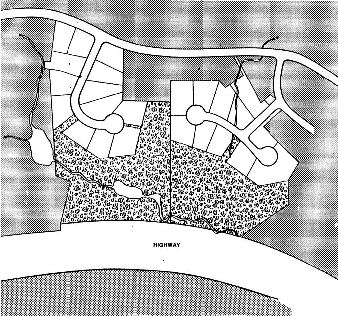 Drawing of a cluster development, with open space between the highway and residential area.