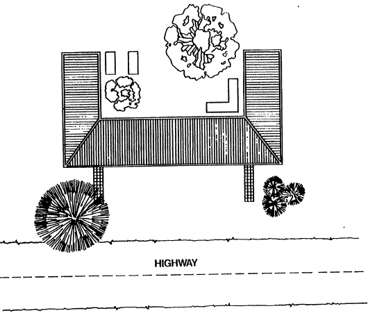 Drawing of a courtyard built around a house, protecting from highway noise.