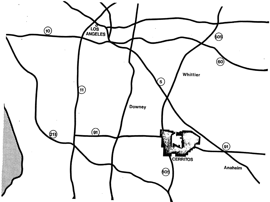 Map showing the location of Cerritos, California. It is situated along Highway 91 just west of Anaheim.