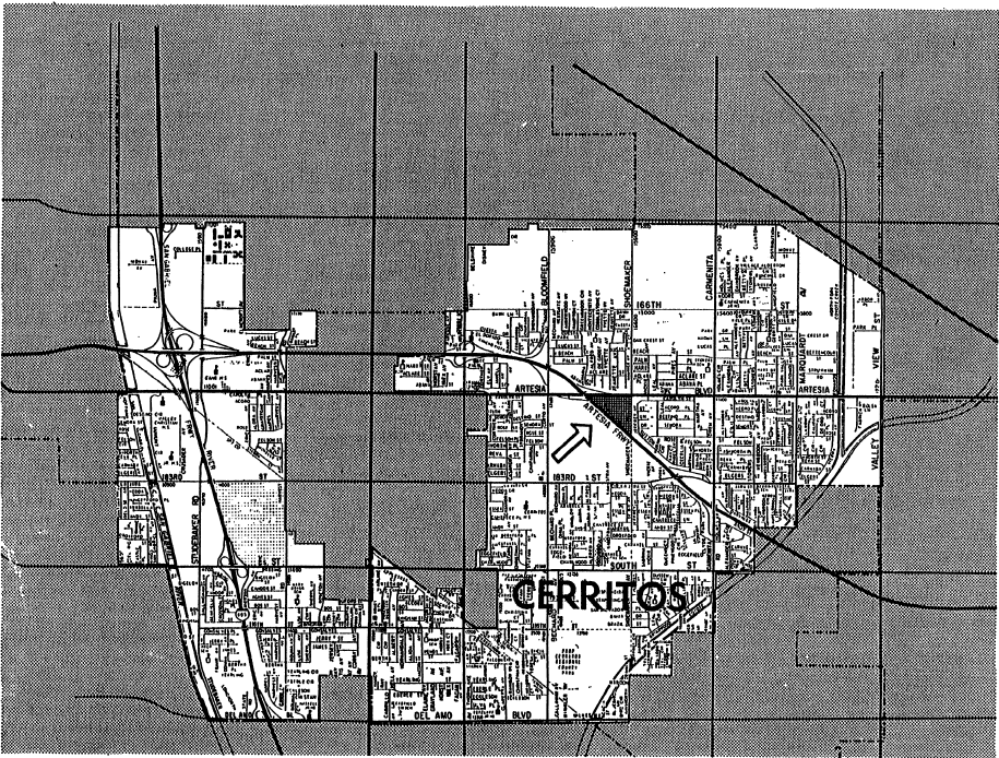 Map of Cerritos with an arrow pointing to the Artesia Freeway.