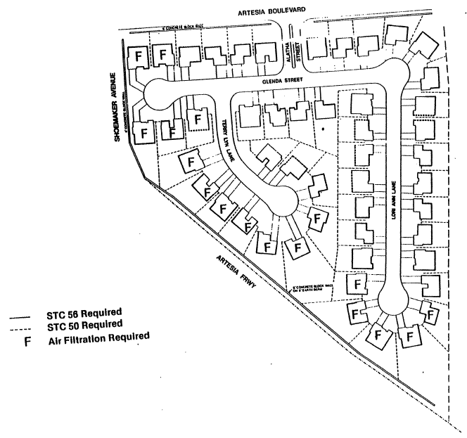 Map showing Tract 2944, which is a triangular-shaped segment with Artesia Boulevard at the top of the map, Schoemaker Avenue on the west side of the map, and Artesia Freeway running south-east from Schoemaker Ave. A solid line runs along Shoemake Ave. and Artesia Blvd. and represents STC 56 Required. A dotted line runs north to south along the eastern edge of the map and represents STC 50 Required. The letter 'F' is marked on all residential properties that are closest to the roadways and represents Air Filtration Required.