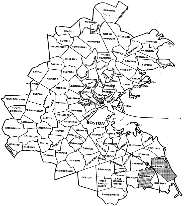 Map of Massachusetts with an arrow pointing to Somerville, which is just north of Cambridge.
