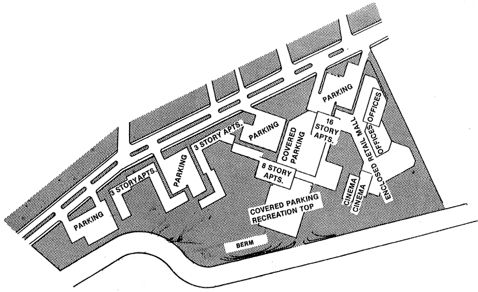 Site plan showing parking areas, apartment complexes, recreation areas, and a berm along the main street.