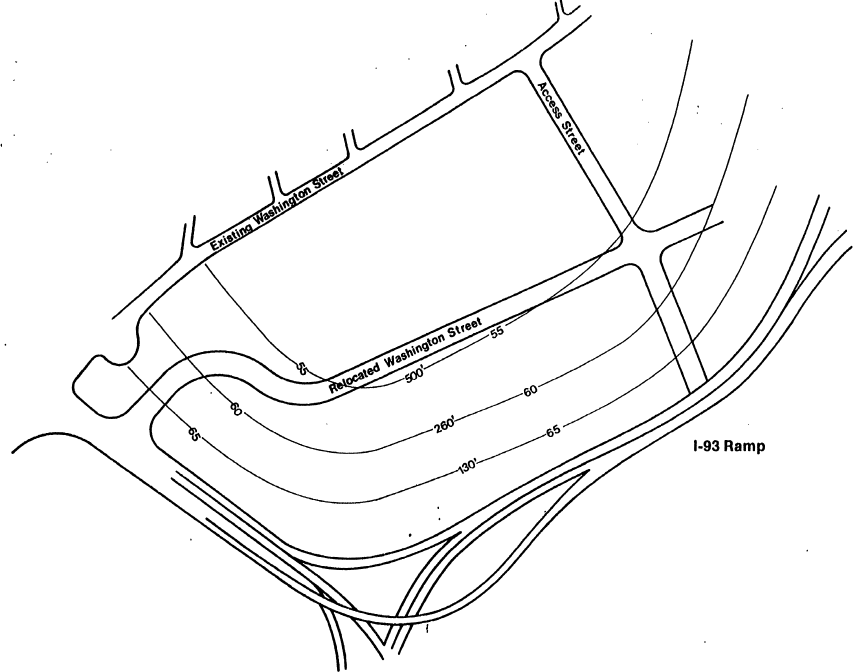 Drawing of relocated Washington Street, closer to I-93 and including noise contours.