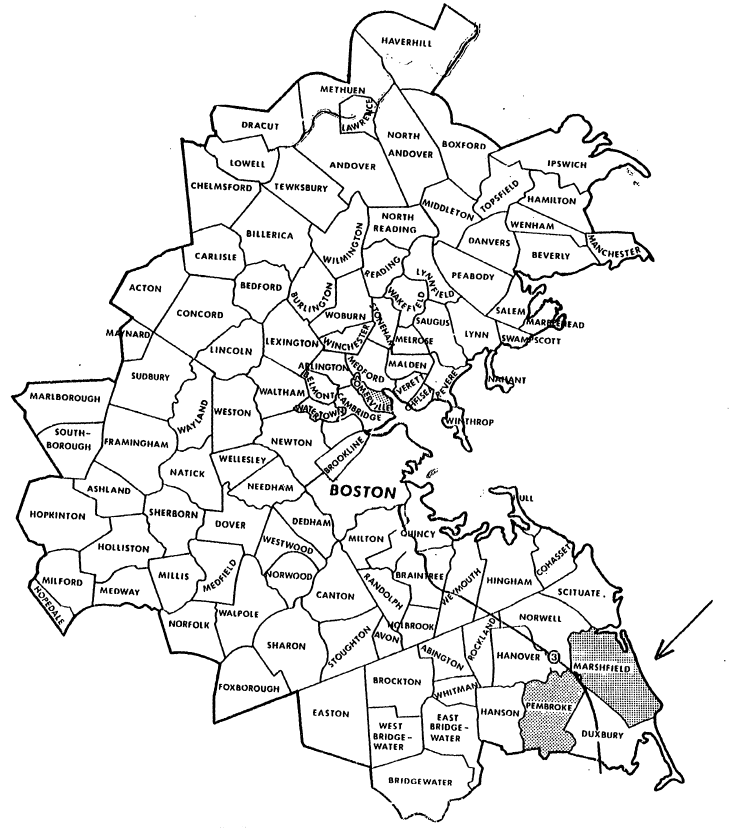 Map of Massachusetts with an arrow pointing to Marshfield and Pembroke. These counties are located in the south-eastern corner of the map.