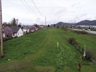 Residential area on left, roadway on right, separated by grassy area with some small trees and shrubs