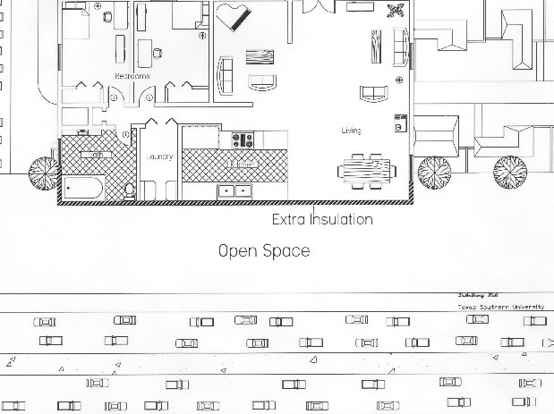 A house layout that locates noisier rooms nearer to the roadway and provides extra insulation to minimize interior noise impacts.