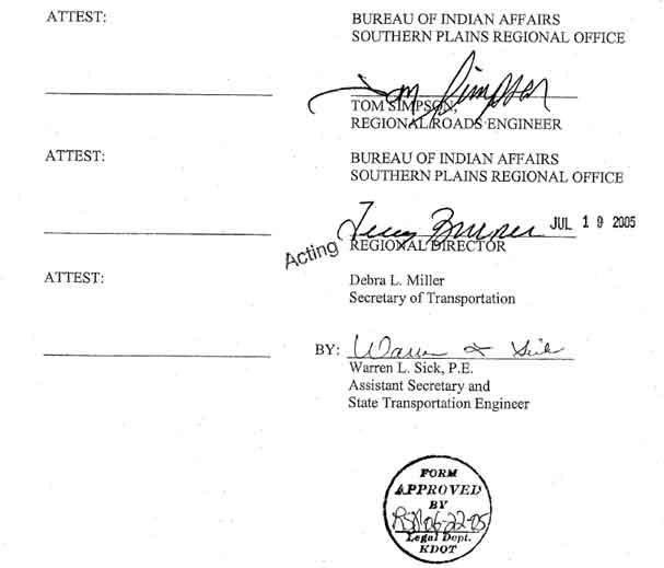 Signatures: Tom Simpson, Bureau of Indian Affairs; Terry Bruner, Acting Regional Director Bureau of Indian Affairs; Warren L. Sick, P.E; Assistant Secretary and State Transportation Engineer