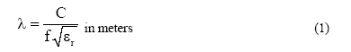 Equation: Lambda = C divided by f times the square root of Epsilon sub r. In meters. (1)