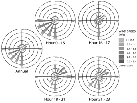 Wind Roses for Site 20 (McCarran International Airport) - Description: There is no pattern that arises from the wind directions.