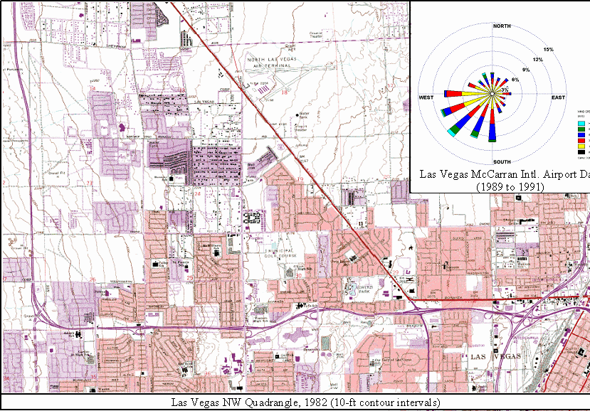 This figure shows a topographical map of the US 95 project area in Las Vegas. The annual average wind rose superimposed in Figure B-1 is also superimposed in this figure.