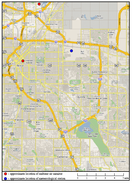 This figure shows a map of a section of I-25 (SR 87) in Denver, Colorado.