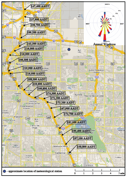 This figure shows same map shown in Figure B-7 with the AADT values superimposed for different points along I-25. The AADT values range from 147,000 to 237,900, with the highest values largely in the northern portions of the map.